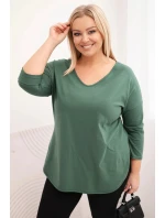 Dámská bavlněná blůza Plus Size s výstřihem do V a ohrnovacími rukávy tmavě khaki
