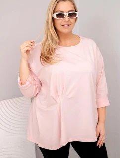 Dámská blůza plus size s bavlnou a dlouhým rukávem a nařasením pudrově růžová