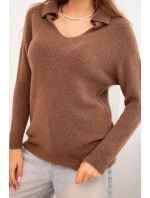 Dámský svetr z baby alpaky s límcem a V výstřihem čokoládový
