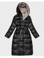 Černo/béžová oboustranná dlouhá bunda s kapucí (P22-6638-1+62)