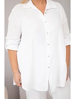 Dámský mušelínový komplet Plus Size s košilí zapínanou na knoflíky a kalhotami se širokými nohavicemi bílý