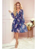 FRANCES - Tmavě modré květované dámské šifonové šaty s dekoltem 388-1
