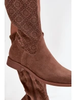 Dámské Kozačky S Mřížkovým Vzorem Na Ploché Podpatku S Barški HY52 534 Hnědé