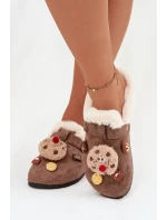Dámské pantofle s ozdobami a sponou, zateplené kožíškem – hnědé Thalora Dámské pantofle s ozdobami a sponou, zateplené kožíškem – hnědé Thalora