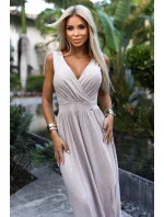 467-2 LOUISE dlouhé šaty s výstřihem a rozparkem na nohou - béžové s třpytkami