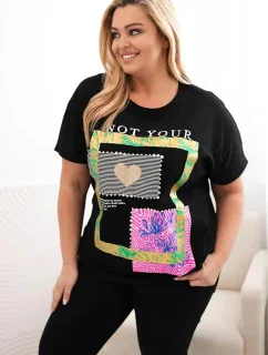 Dámská bavlněná halenka Plus Size se zlatým nápisem černá + zelená