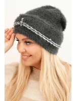 Dámská zimní čepice huňatá s perličkami a ozdobným vzorem grafitová