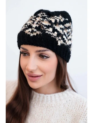 Dámská zimní čepice s barevnými vzory a silným žebrováním K353 černý+béžový