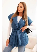 Dámská prošívaná vesta s páskem a širokým límcem tmavě džínová Dámská prošívaná vesta s páskem a širokým límcem tmavě džínová