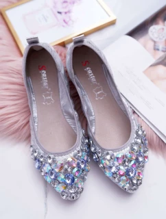 Kožené Baleríny S Ozdobnými Kameny Stříbrné Crystal