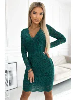170-12 Krajkové šaty s výstřihem a dlouhými rukávy - ZELENÉ