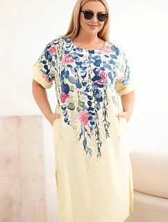 Dámské viskózové šaty Plus Size s krátkým rukávem a rozparky na bocích žlutá