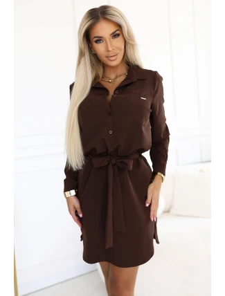 284-5 CAMILLE Košilové šaty s kapsami a vázáním - CHOCOLATE 284-5 CAMILLE Košilové šaty s kapsami a vázáním - CHOCOLATE