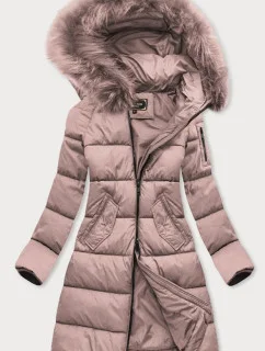 Dlouhá dámská zimní prošívaná bunda ve starorůžové barvě s kapucí (7751BIG)