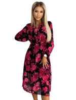 449-2 CARLA Plisované midi šaty s knoflíky a dlouhými rukávy - ČERNÁ S ČERVENÝMI RŮŽEMI 449-2 CARLA Plisované midi šaty s knoflíky a dlouhými rukávy - ČERNÁ S ČERVENÝMI RŮŽEMI