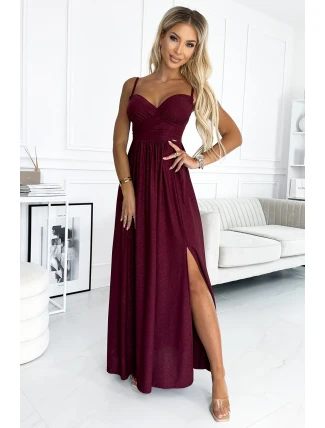 460-2 JOVITE brokátové dlouhé šaty bez ramínek s rozparkem na nohou - bordó