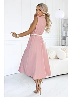 596-6 Elegantní midi košile se zlatými knoflíky a páskem – pudrově růžová