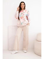 Dámský viskózový komplet s máslovou úpravou v květinovém vzoru se širokými nohavicemi béžový