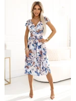 425-13 MATILDE Dámské šaty s výstřihem a krátkými rukávy - béžové a modré květy 425-13 MATILDE Dámské šaty s výstřihem a krátkými rukávy - béžové a modré květy