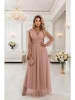 664-1 Dlouhé maxi šaty s tylovými rukávy a obálkovým výstřihem - pudrově růžové