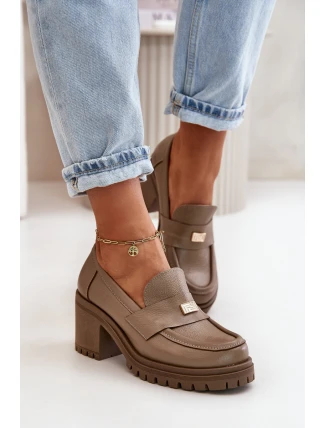 Zazoo 20168 Elegantní dámské polobotky na podpatku z pravé kůže tmavě béžové