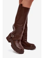 Zateplené kozačky s ohrnutým svrškem a přezkou čokoládové Fiorae
