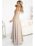 633-1 AURELIA dlouhé šaty s rozparkem a výstřihem typu caro - béžové s brokátem