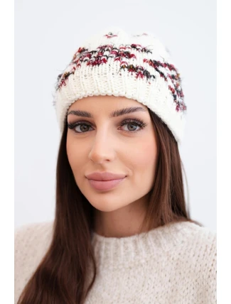 Dámská zimní čepice s norským vzorem a silným pletením K351 ecru+czerwony