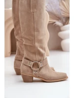 Semišové Čižmy Na Nízkém Podpatku S Návleky Před Kolena Světle Béžové Zazoo 3444/O