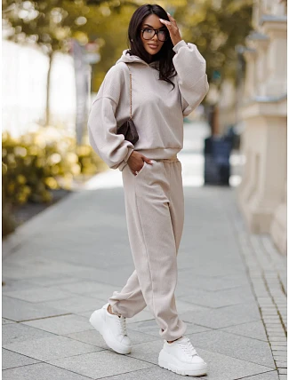 Dámská souprava z kordového úpletu s kapucí a kalhotami, béžová, FashionStreet AY1248 Dámská souprava z kordového úpletu s kapucí a kalhotami, béžová, FashionStreet AY1248