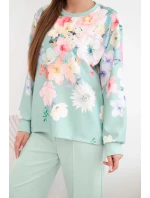 Dámský máslový viskózový komplet s květinami s širokou nohavicí tmavě mátová