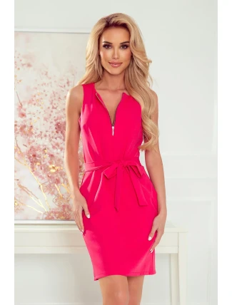 Dámské šaty v malinové barvě se zlatým zipem a zavazováním 380-3 Dámské šaty v malinové barvě se zlatým zipem a zavazováním 380-3