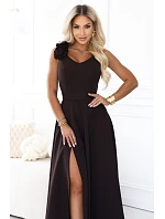 643-10 Elegantní večerní maxi šaty s rozparkem a růžemi – čokoládově hnědé