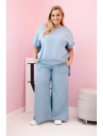 Dámská souprava Plus Size z tencelu halenka a kalhoty s vázáním světle džínový
