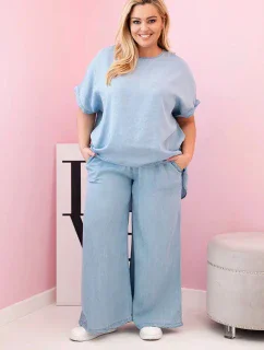 Dámská souprava Plus Size z tencelu halenka a kalhoty s vázáním světle džínový