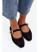 Dámské eko semišové baleríny s páskem a zlatou přezkou Adelora – černé