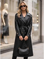 Dlouhý černý dámský dvouřadý kabát s páskem FashionStreet NY0780