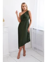 Plisované šaty s květinou khaki