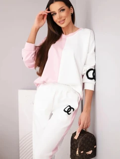Dámský teplákový komplet Masełko dvoubarevný s oversized mikinou a rovnými kalhotami pudrově růžový+bílý