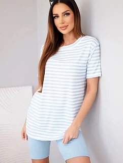 Dámský viskózový pruhovaný komplet s krátkým rukávem a kraťasy modrý