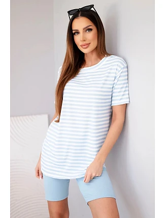 Dámský viskózový pruhovaný komplet s krátkým rukávem a kraťasy modrý