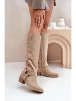 Semišové Čižmy Na Nízkém Podpatku S Návleky Před Kolena Světle Béžové Zazoo 3444/O