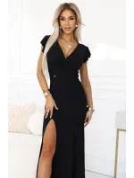 598-1 IRINA oslnivé dlouhé šaty s brokátem, obálkovým výstřihem a rozparkem na nohou - černé