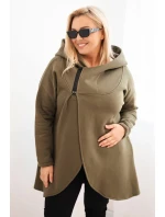 Dámská mikina Plus Size s kapucí a asymetrickým zipem khaki