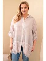 Dámská košile Plus Size bavlněná s krajkovým lemem světle béžová