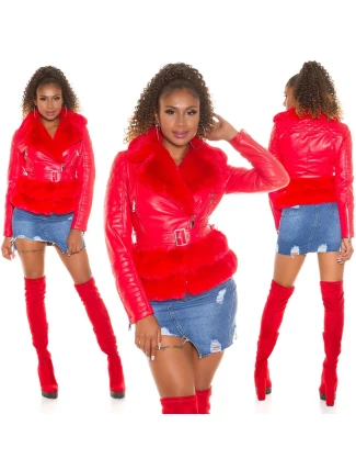 Dámská sexy kožená bunda s umělou kožešinou J930 Červená - In-Stylefashion