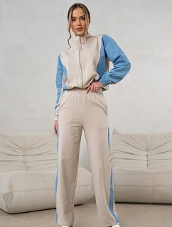 Tepláková souprava mikina na zip + široké kalhoty béžovo-modrá (821151)