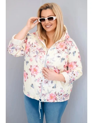 Dámská jarní prošívaná bunda Plus Size s kapucí a květinovým vzorem žlutá