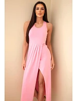 Dámské bavlněné midi šaty bez rukávů s řasením světle růžové