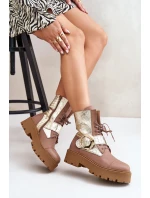 Zazoo 2942 Kožené Boty Worker Se Zlatým Sponou Béžové